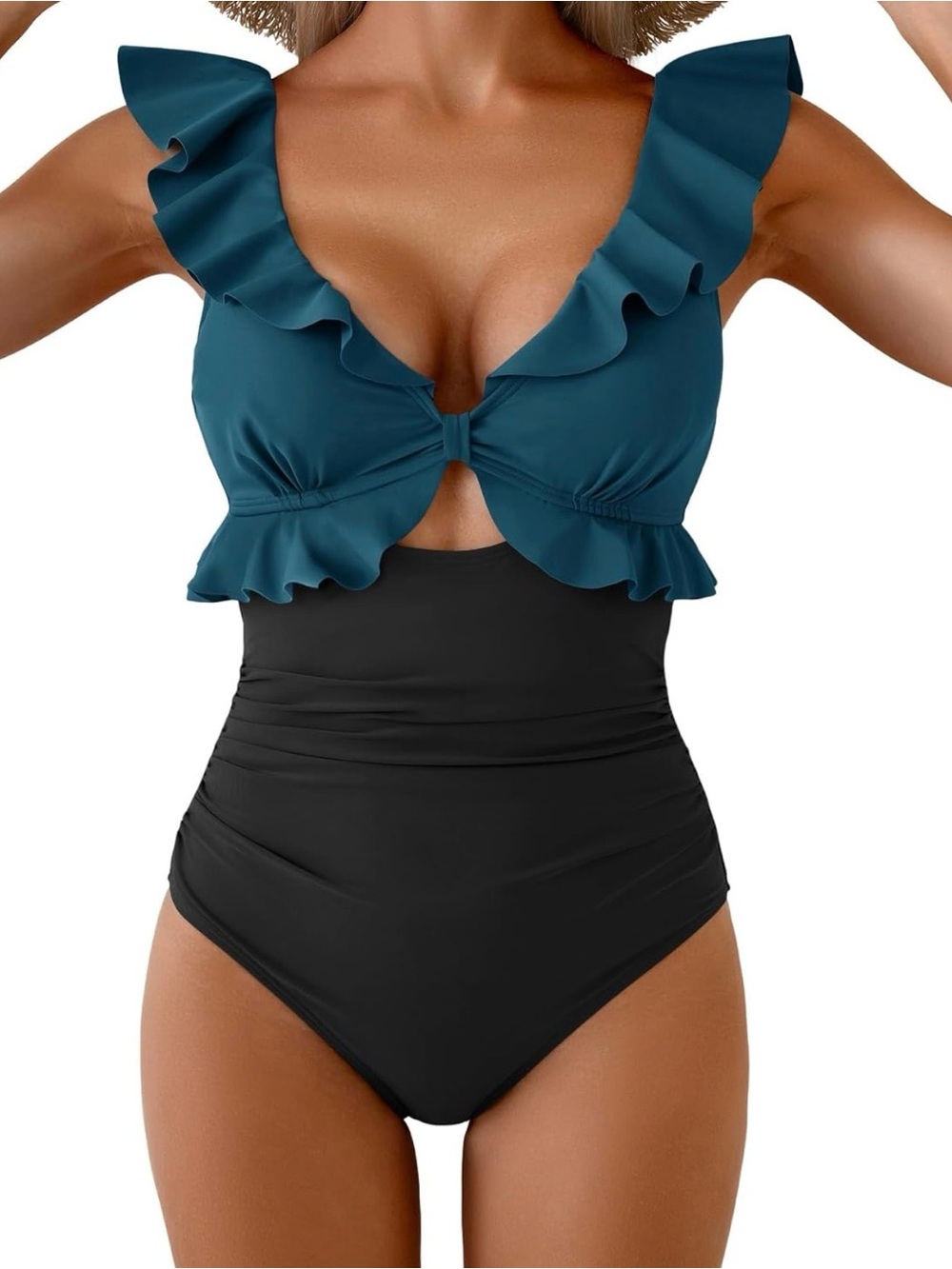 Ruffled Teal & Black One-Piece Swimsuit